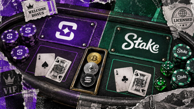 Shuffle and Stake branding anchors a matte casino collage with gaming symbols and licensing cues for a side-by-side crypto casino comparison.