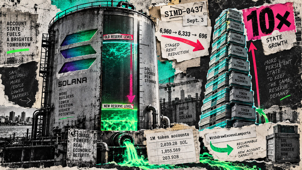 Editorial collage showing Solana’s lower storage reserve level beside a 10× token-account growth tower and staged rent-cut figures.