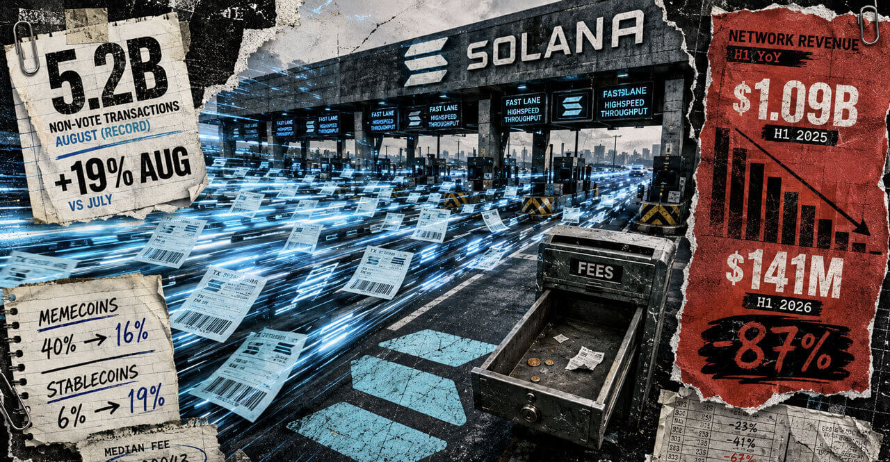 Solana fast-lane transaction surge contrasts with an almost empty fee drawer and an 87% H1 network revenue decline.