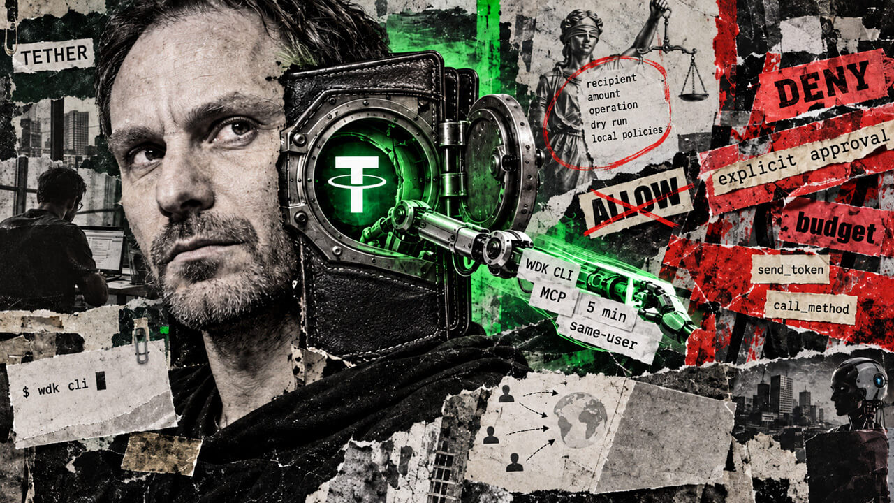 Paolo Ardoino beside an open Tether wallet vault as an AI payment arm faces approval, budget, and transaction-control barriers.