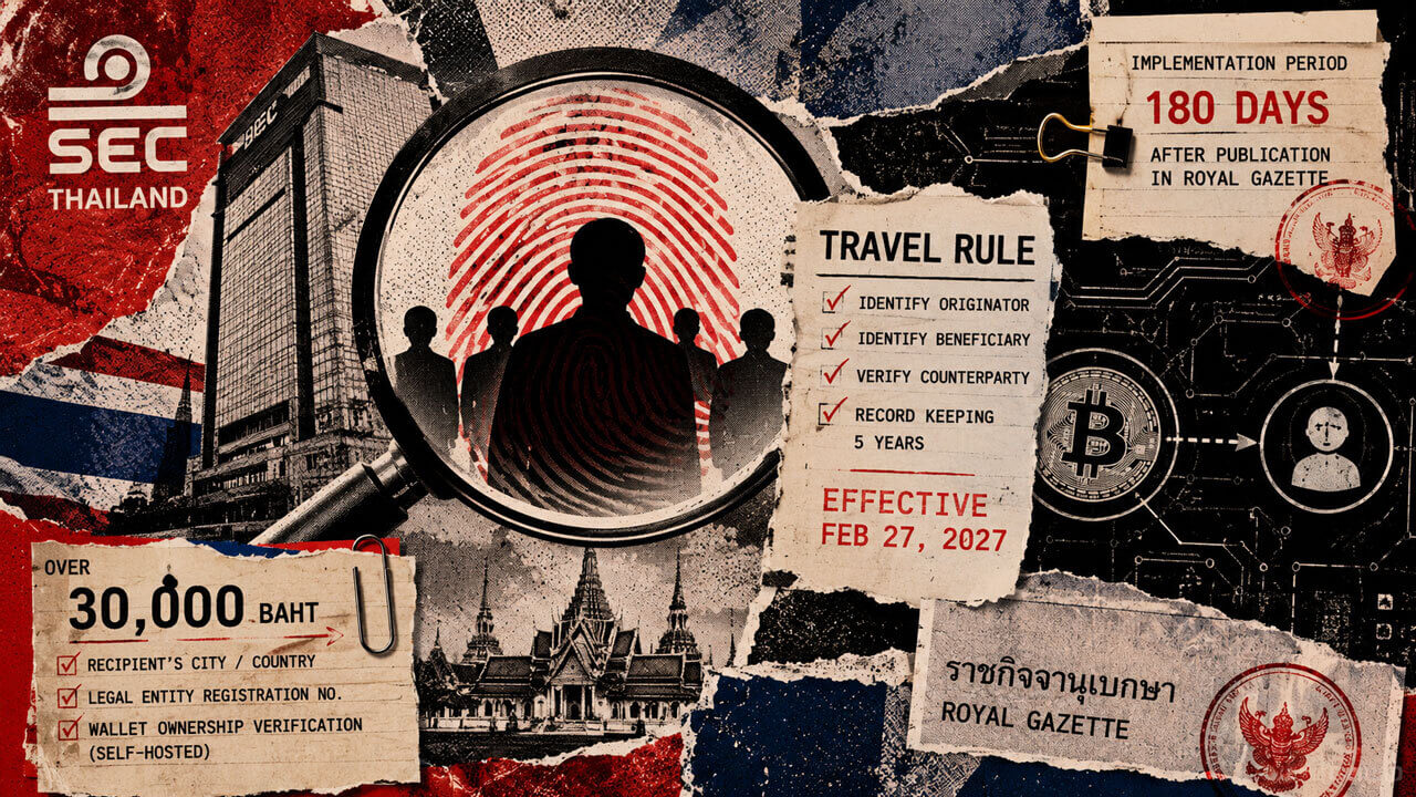 Thailand crypto Travel Rule collage with SEC oversight, fingerprint identity checks, 30,000-baht threshold, and 180-day implementation period.