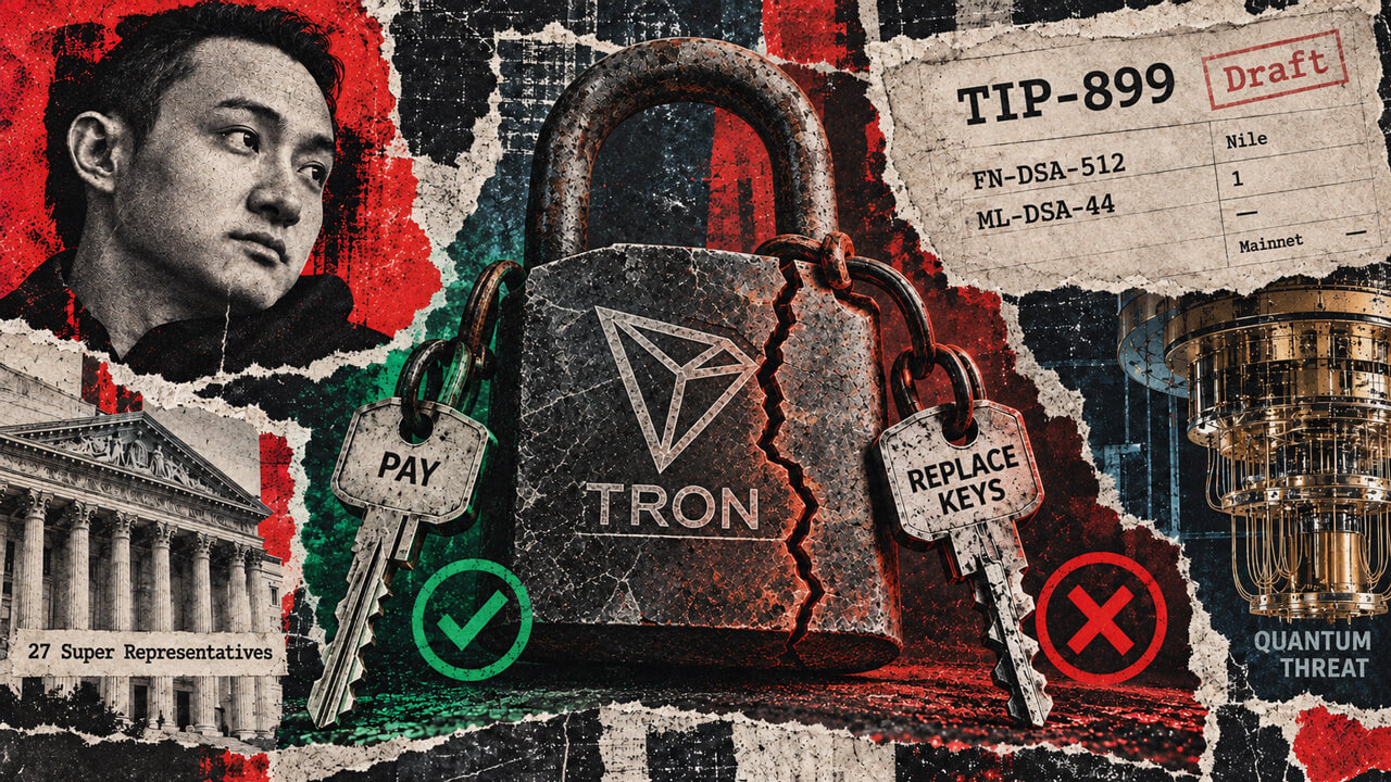 TRON quantum security collage showing payment access remaining while key replacement is blocked under a disabled signing scheme.