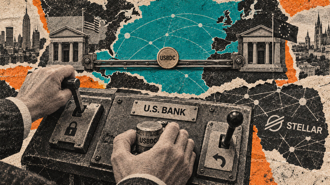 Hands operate a U.S. Bank control console beneath a USBDC payment rail linking regional bank buildings on Stellar.