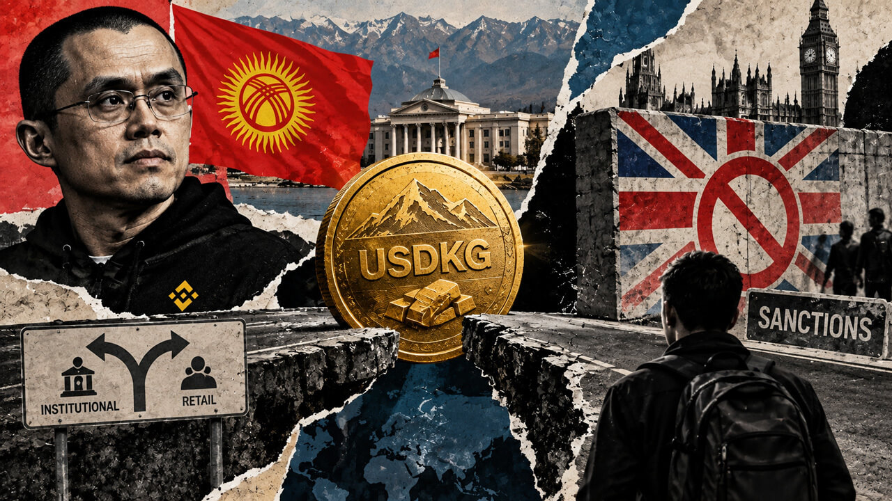 CZ, Kyrgyz state imagery, and USDKG face a sanctions wall while institutional and retail exit paths split across a fractured divide.