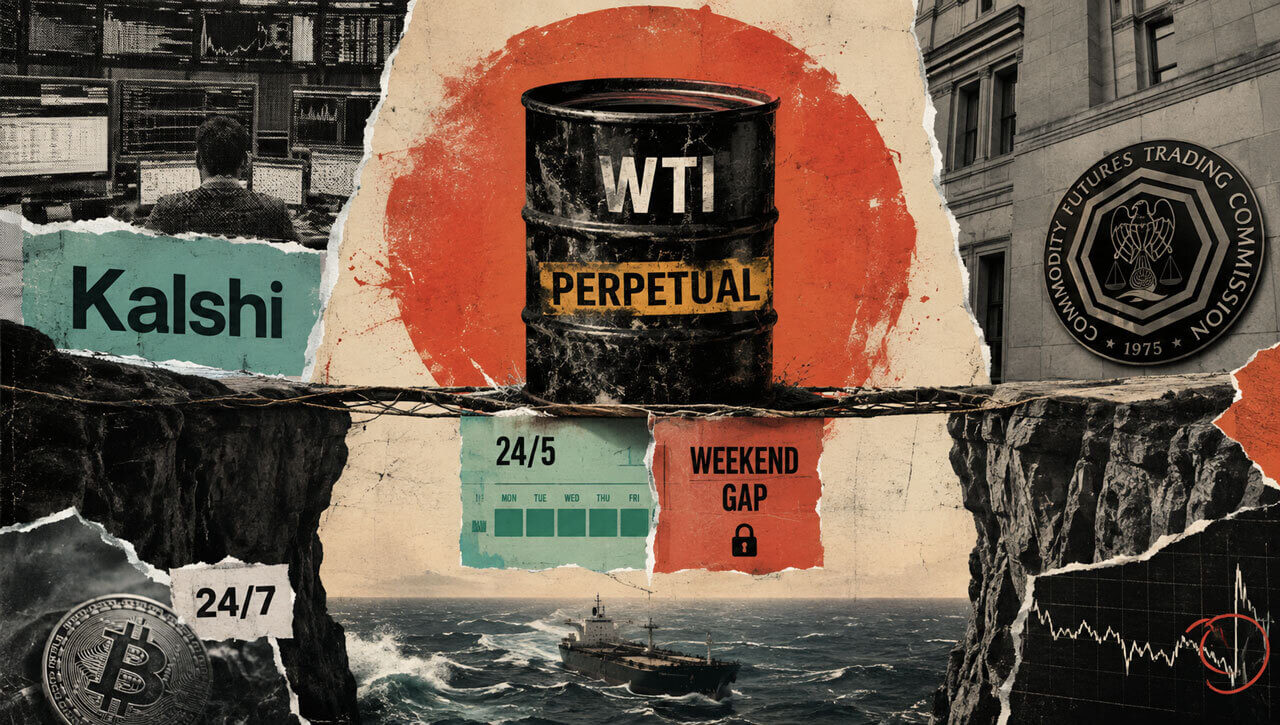 WTI perpetual barrel balanced over a weekend gap with Kalshi, CFTC, Bitcoin, 24/5 and 24/7 trading scraps.