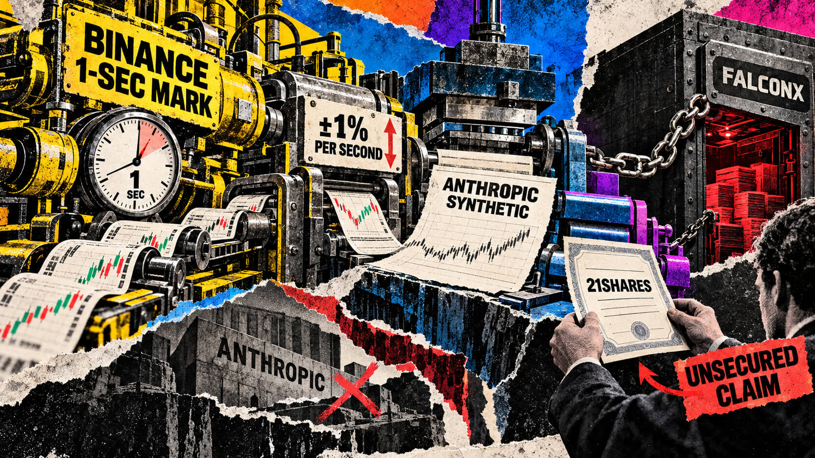 Editorial collage showing Binance’s one-second pricing engine feeding Anthropic synthetic exposure into an unsecured 21Shares certificate linked to FalconX.
