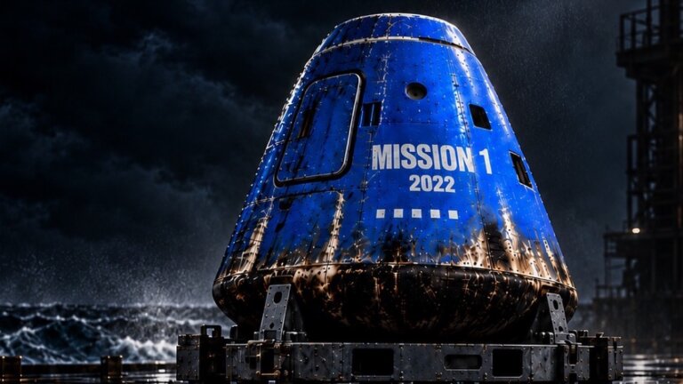 Blue space capsule marked Mission 1 2022, accompanying AX1 Console 2.0's agentic activities launchpad.