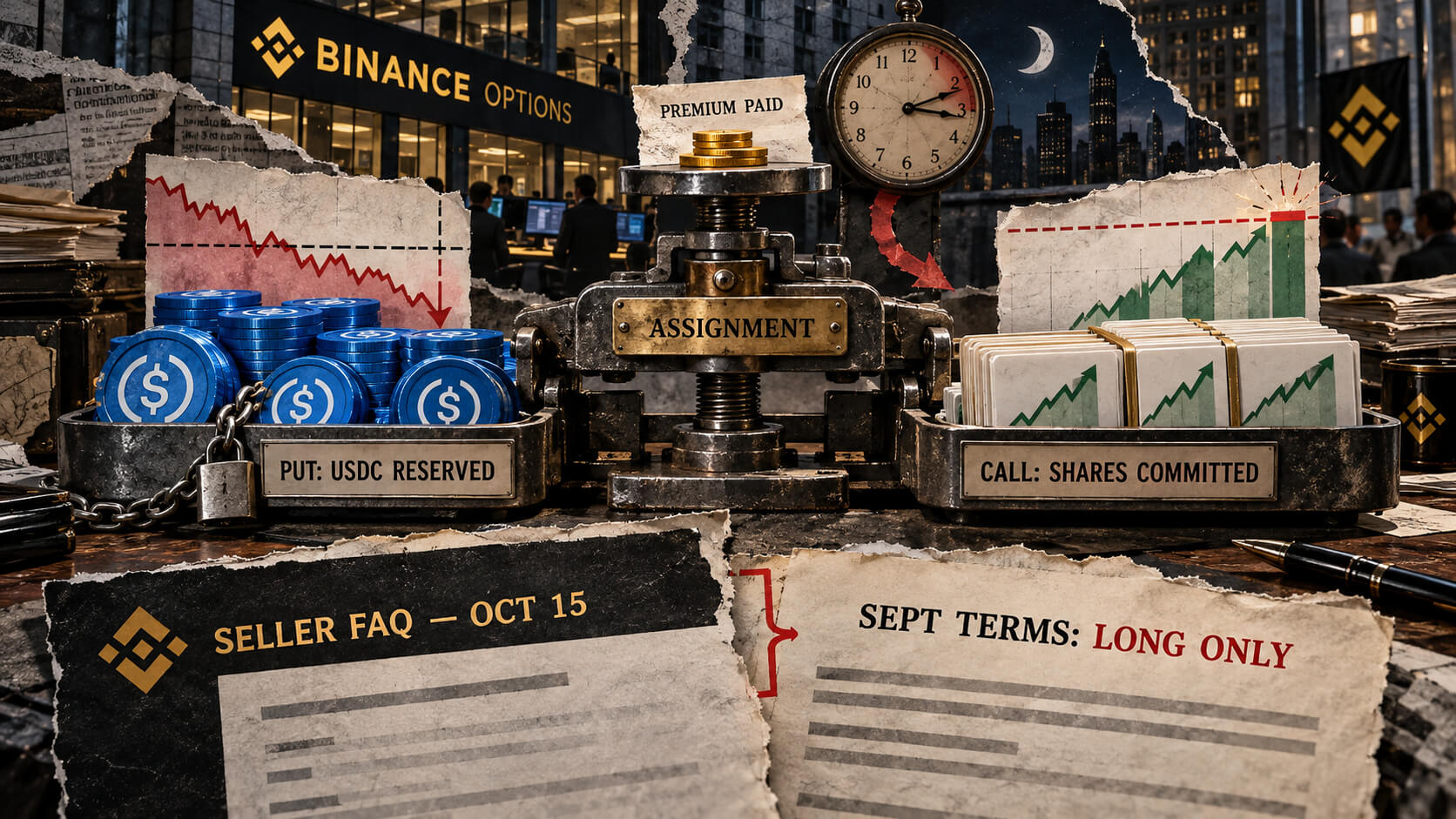 Editorial collage showing Binance options, locked USDC and committed shares under assignment, with conflicting October seller guidance and September long-only terms.