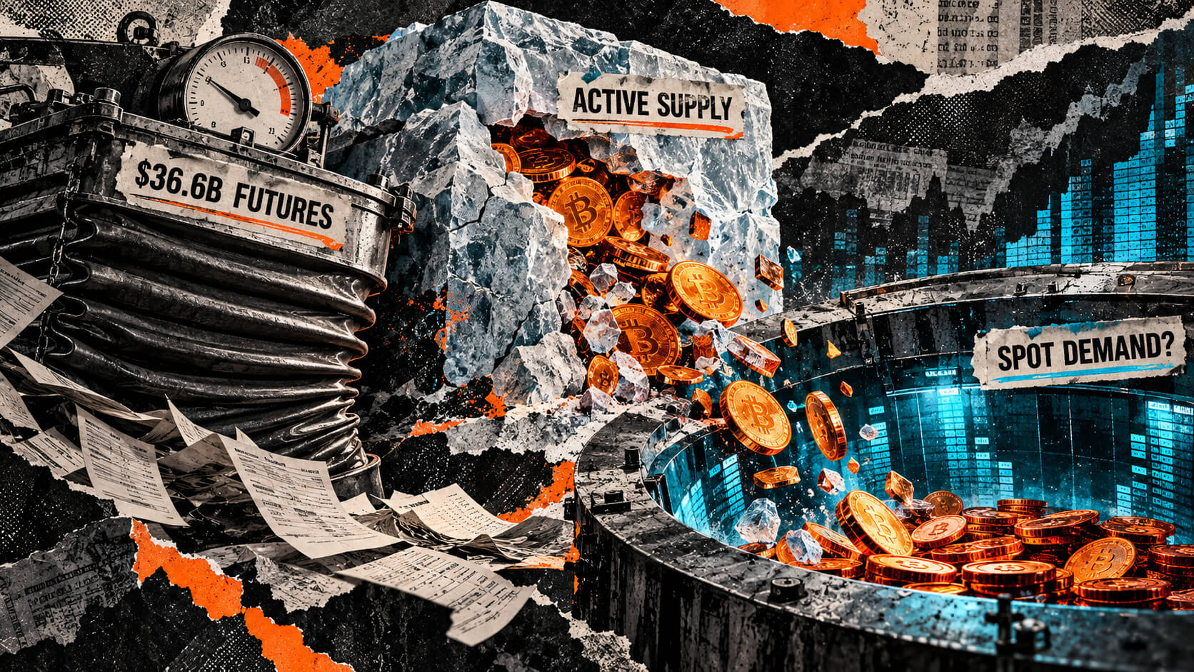 Editorial collage showing futures exposure easing as active Bitcoin supply flows from cold storage toward uncertain spot demand.