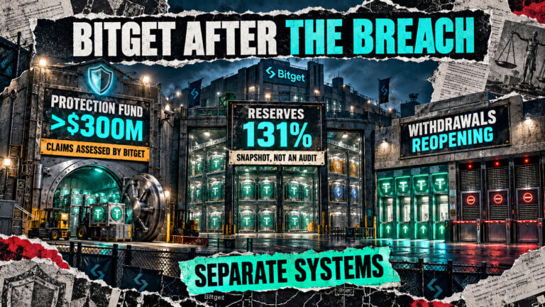 Editorial graphic titled “Bitget After the Breach,” comparing its $300 million-plus Protection Fund, 131% reserve snapshot and reopening withdrawals as three separate customer safeguards.