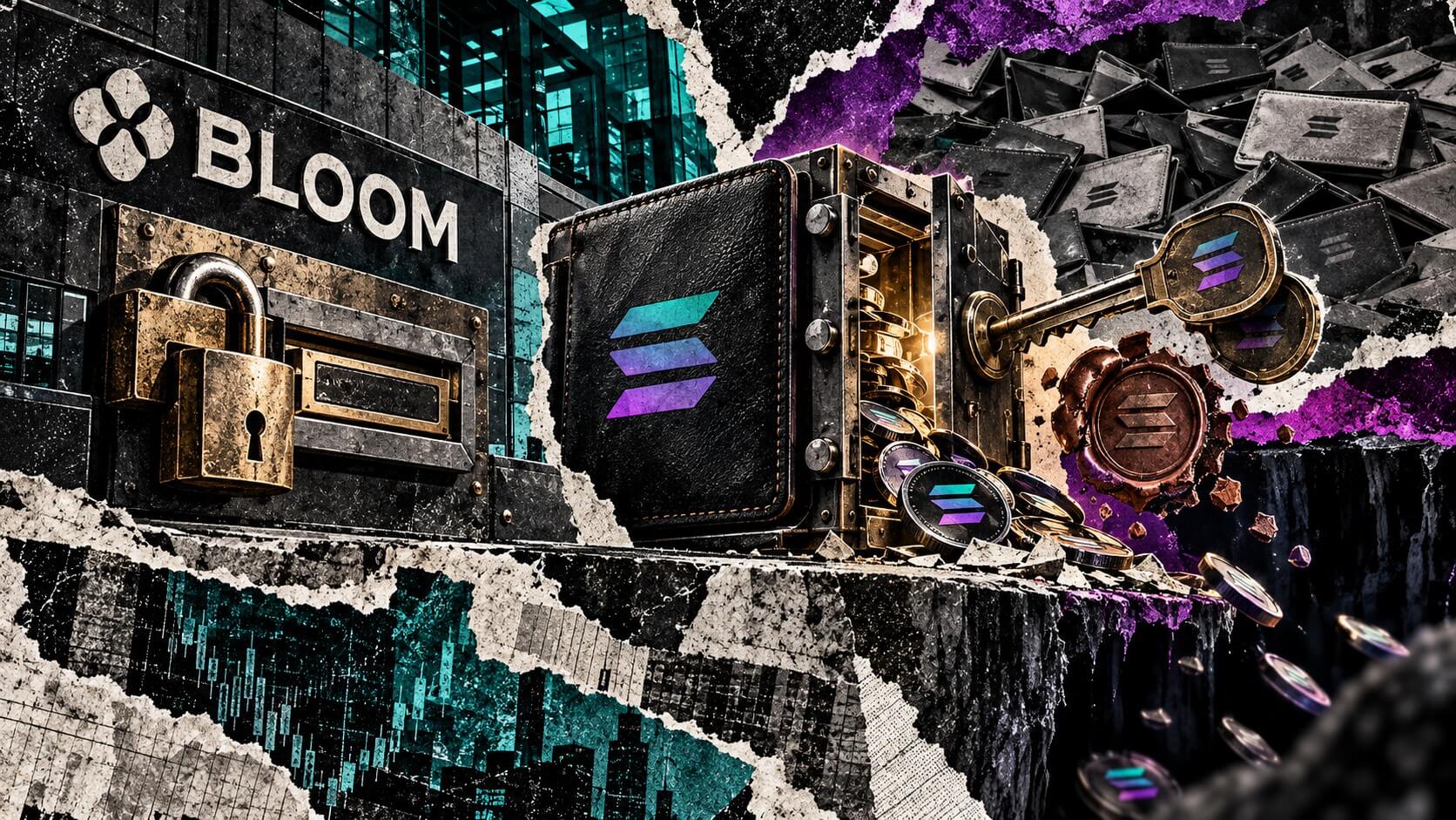 Editorial collage of a locked Bloom withdrawal system beside an open Solana wallet controlled by a separate key.