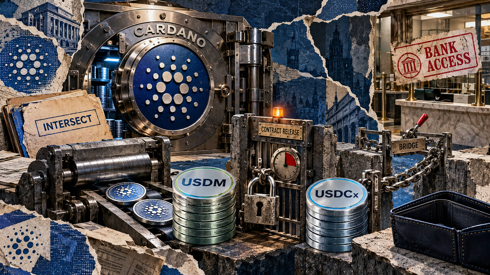 Editorial collage showing Cardano funding converted into USDM and USDCx, with contract, bridge and banking gates restricting access.