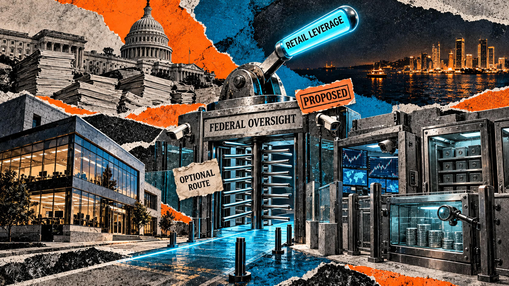 Editorial collage showing a proposed optional federal checkpoint where US crypto exchanges trade deeper oversight for retail leverage.