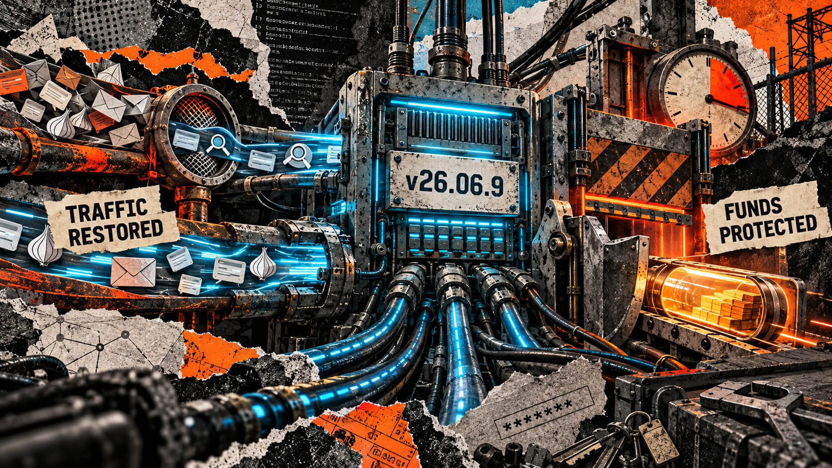 Editorial collage showing Core Lightning v26.06.9 restoring message flow through a busy node while protecting forwarded funds during shutdown.