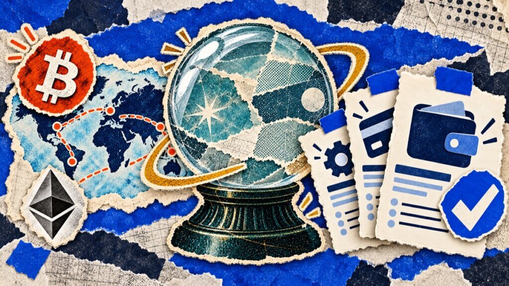 Scrapbook collage of a world map, crystal ball and product review cards representing CryptoSlate's three newsletters.