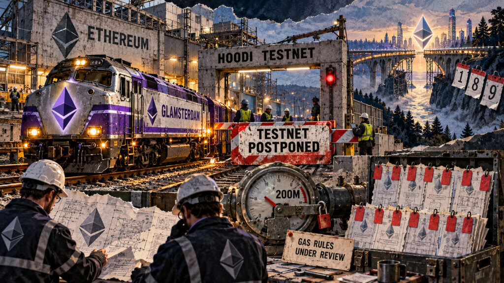 Editorial collage showing Ethereum’s Glamsterdam upgrade train halted at the Hoodi testnet while engineers review contract risks and a locked 200M gas gauge.