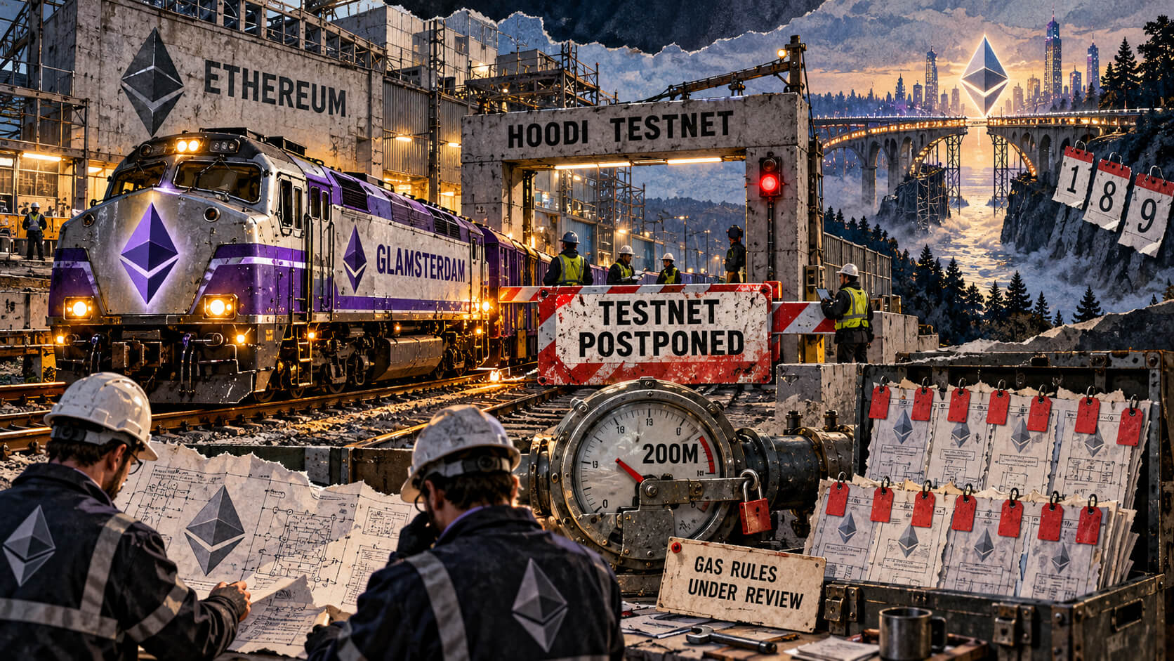 Editorial collage showing Ethereum’s Glamsterdam upgrade train halted at the Hoodi testnet while engineers review contract risks and a locked 200M gas gauge.