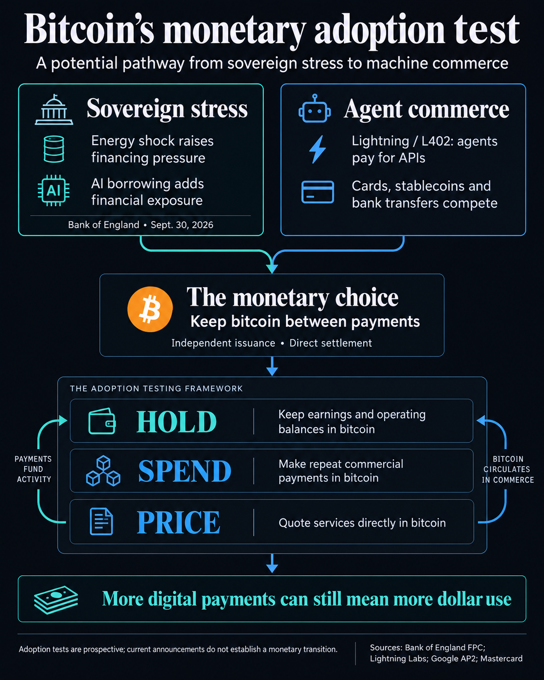Potential Bitcoin adoption pathway: sovereign financing pressure and agent commerce lead to a choice to retain bitcoin, tested through holding balances, repeat spending and pricing services in BTC. Competing rails may instead extend dollar use.