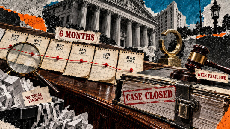 Editorial collage showing a six-month timeline ending at a locked court file stamped “Case Closed” and “With Prejudice.”