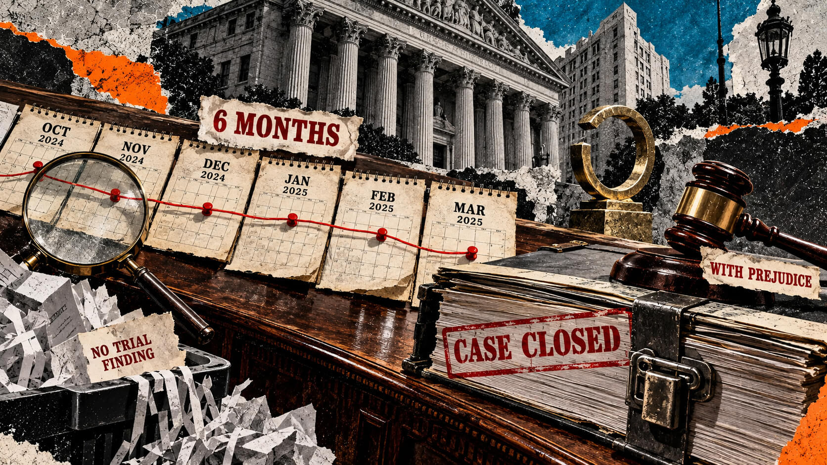 Editorial collage showing a six-month timeline ending at a locked court file stamped “Case Closed” and “With Prejudice.”