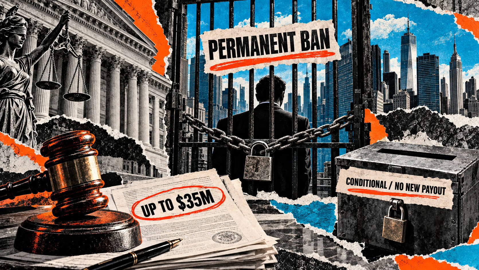 Editorial collage of an anonymous executive behind a chained gate labeled “Permanent Ban,” alongside a courthouse, gavel and documents showing up to $35 million in conditional obligations with no new creditor payout.