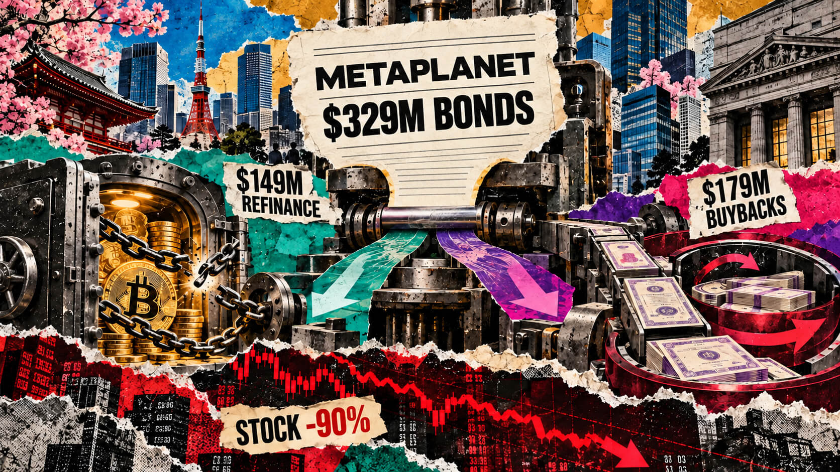 Colorful editorial collage showing Metaplanet’s $329 million bond raise split between $149 million in refinancing and $179 million in buybacks after a 90% stock decline.