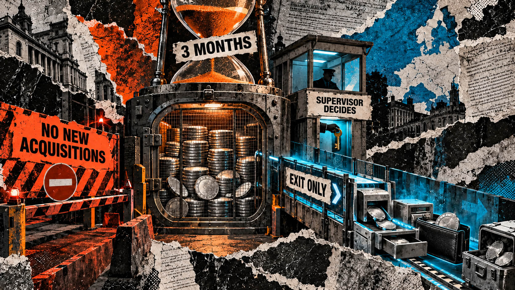 Editorial collage showing stablecoin balances facing a three-month deadline, with new acquisitions blocked and exits controlled by national supervisors.