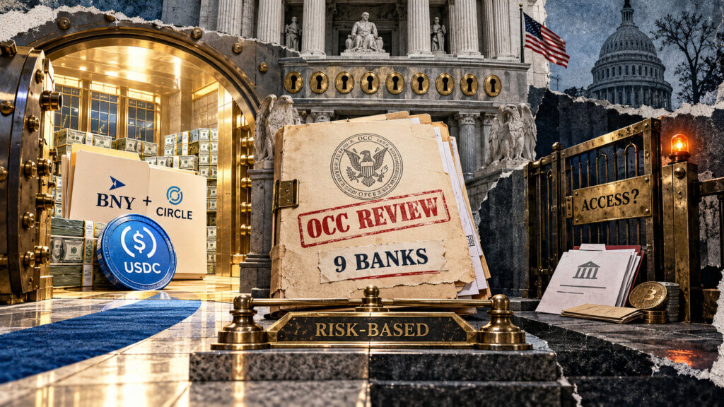 Editorial collage showing the OCC’s review of nine banks, BNY and Circle’s open USDC access, and an uncertain gate for smaller crypto firms.