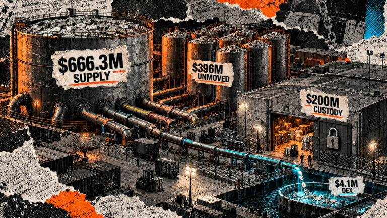 Editorial collage showing $666.3 million in OUSD supply concentrated in unmoved and custody reserves, with only $4.1 million reaching DEX trading.