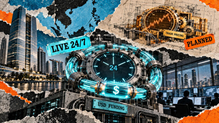 Editorial collage showing live 24/7 institutional dollar funding beside a separate trade-pricing system still under construction.