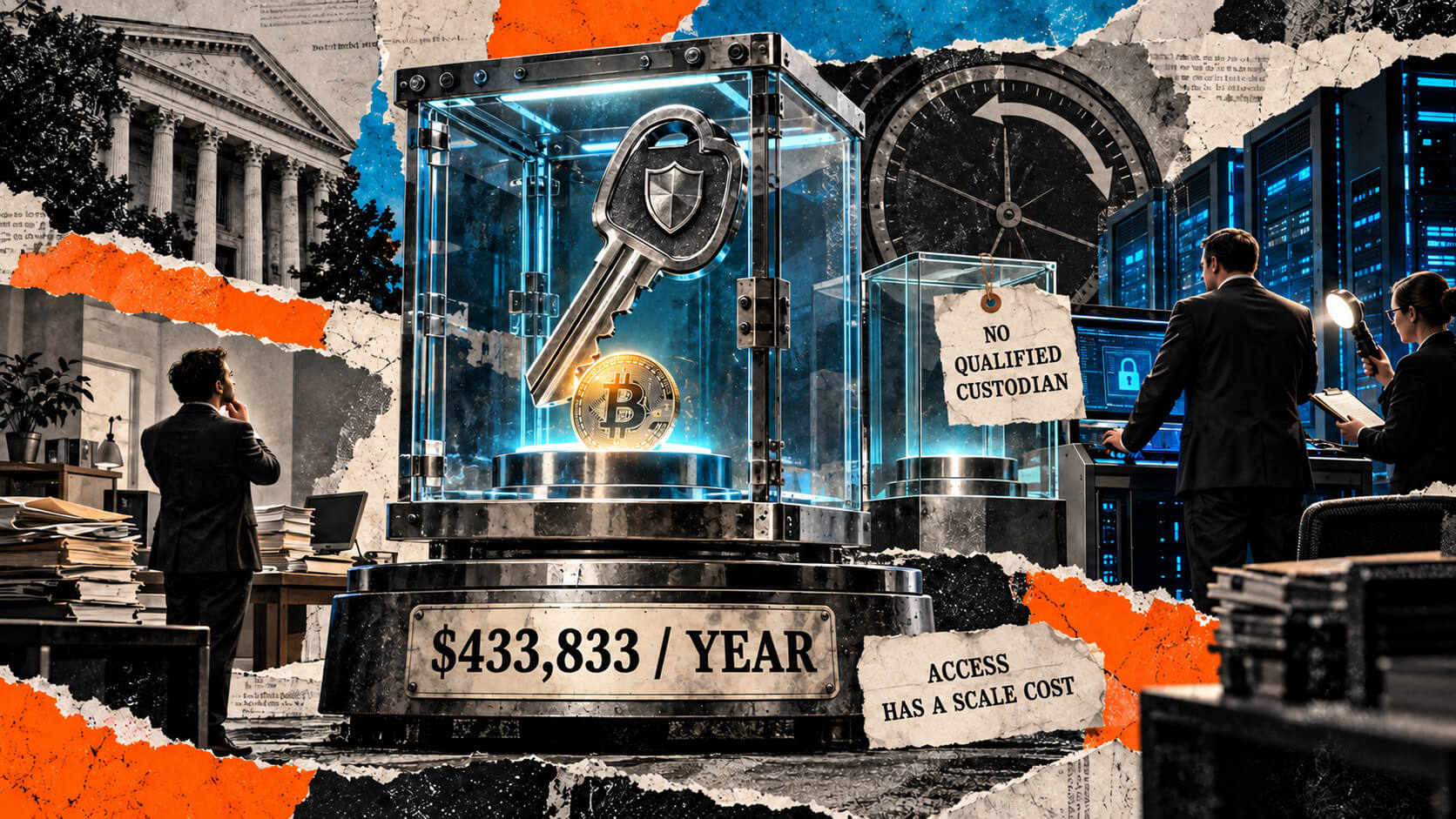 Editorial collage showing a $433,833 annual compliance burden around adviser-held crypto, favoring firms with larger custody infrastructure.