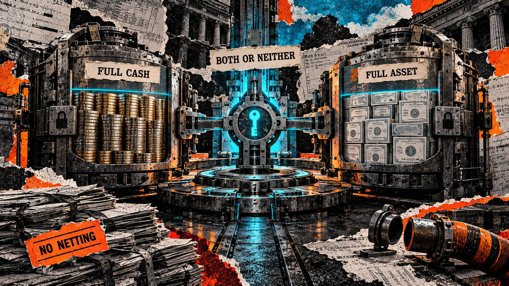 Editorial collage of fully funded cash and asset escrows locked for atomic settlement, with both legs moving together and no netting.