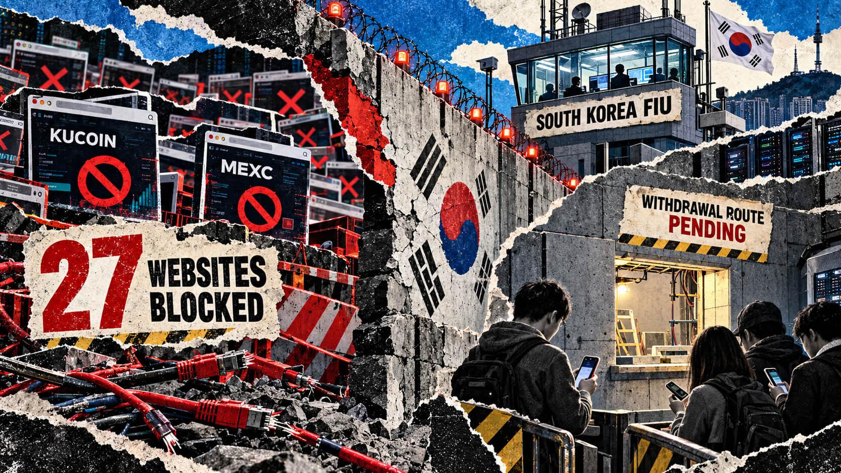 Editorial collage showing South Korea blocking 27 crypto websites, including KuCoin and MEXC, as customers await a pending withdrawal route.