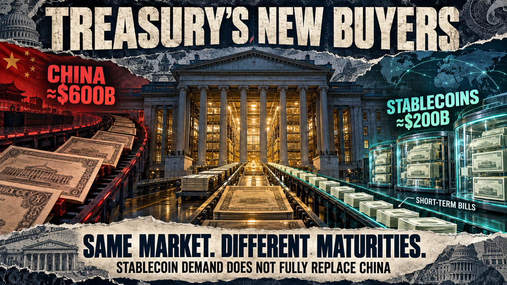 Editorial graphic contrasting China’s roughly $600 billion Treasury holdings with stablecoin issuers’ nearly $200 billion in short-term bills.