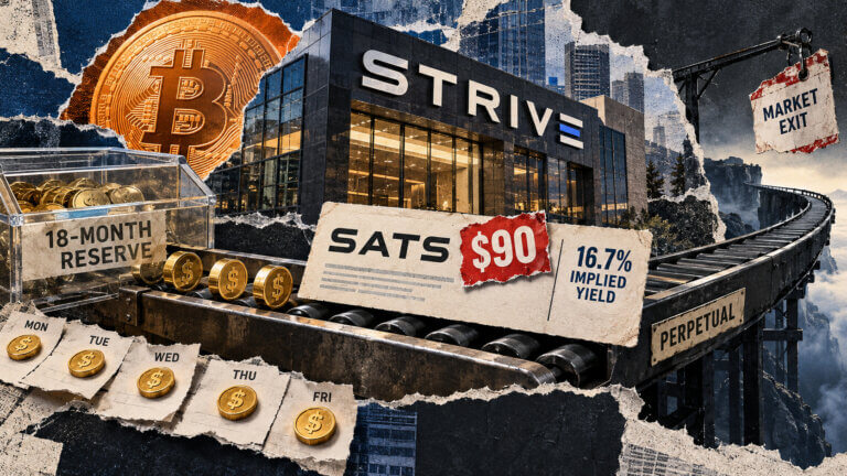 Editorial collage showing Strive’s $90 SATS preferred share, 16.7% implied yield, 18-month reserve, weekday payouts and perpetual market-exit risk.
