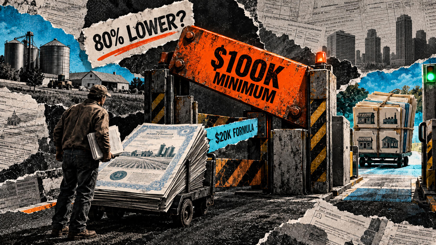 Editorial collage of a small business facing a $100,000 tokenized bond fee gate despite a $20,000 formula result and an 80% cost-cutting goal.