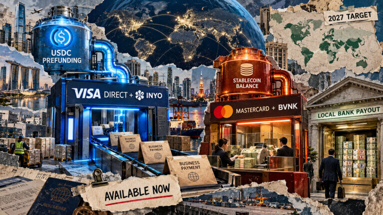 Editorial collage showing Visa and Inyo’s USDC-prefunded payment route beside Mastercard and BVNK’s stablecoin-to-local-bank payout service.