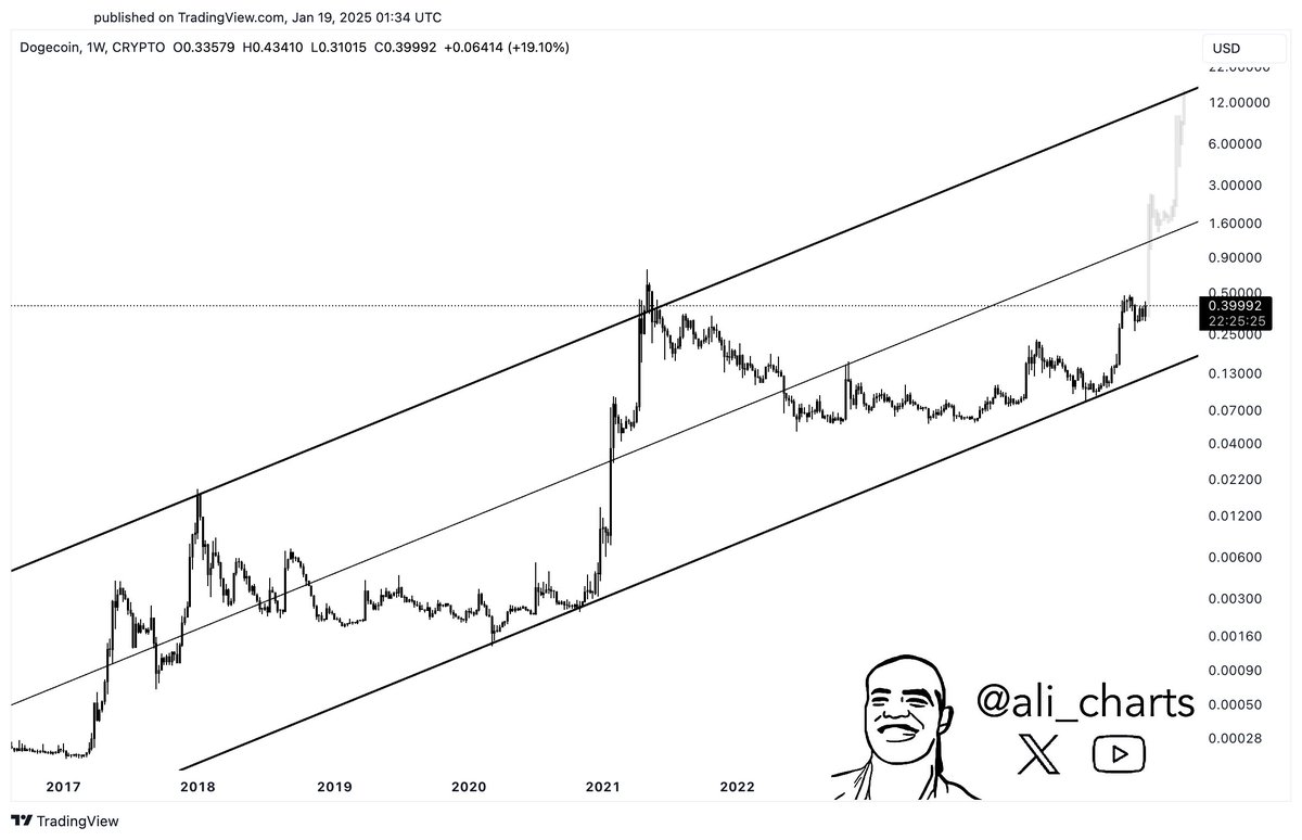 Dogecoin operando dentro de un canal ascendente paralelo de varios años | Fuente: Ali Martínez en X