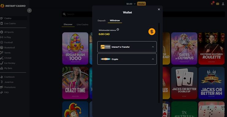 instant casino withdraw wallet