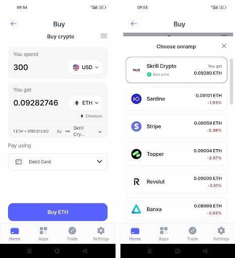 Onramp fees in Best Wallet app