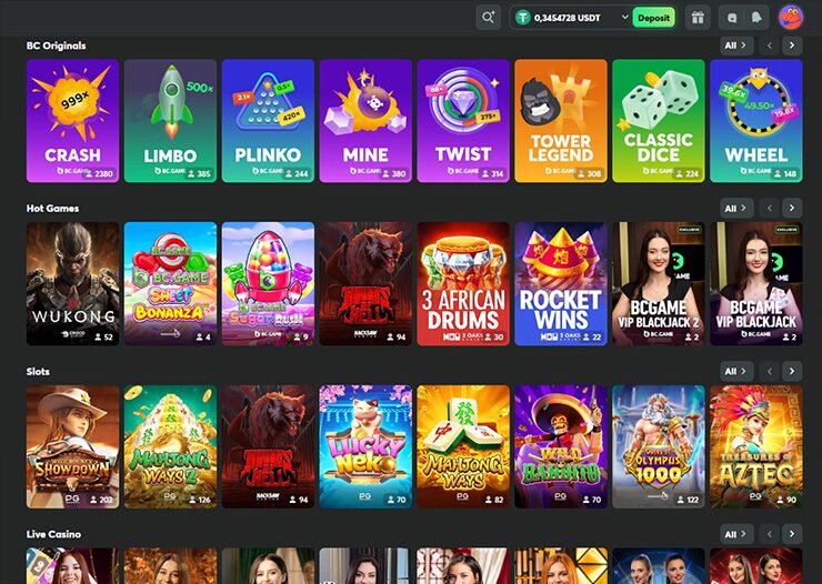 screenshot of gambling crypto games at bc game