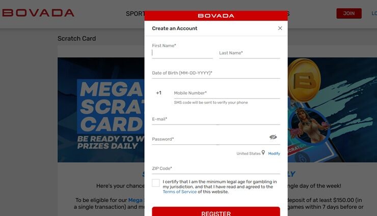 bovada sign up form