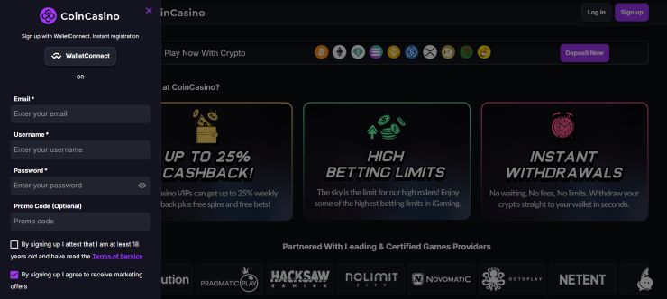 Creating an account at CoinCasino