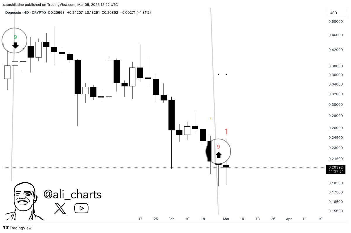 Dogecoin TD Sequential Indicator Flashes a Buy Signal | Source: Ali Martinez on X