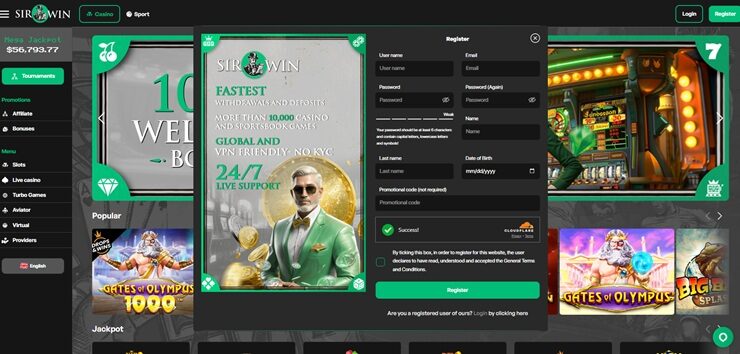 sirwin casino sign up form screenshot