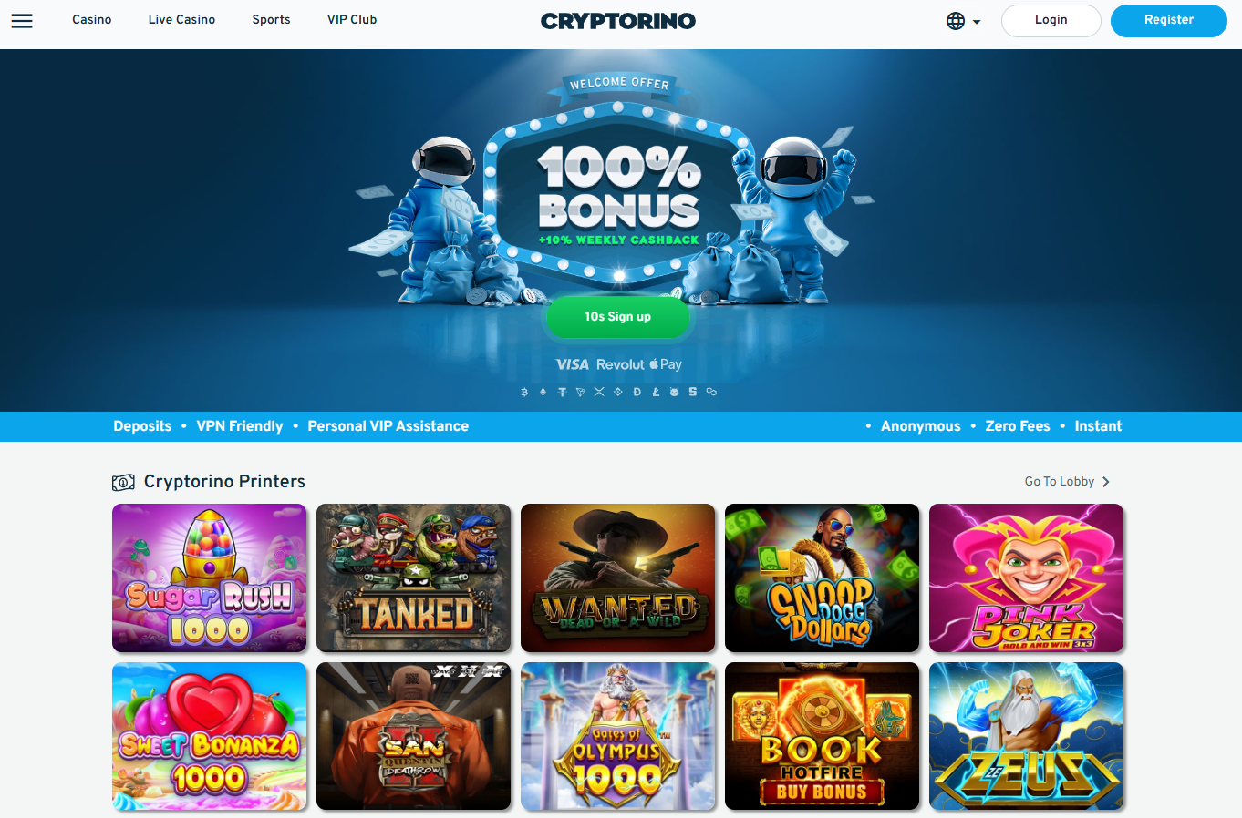 5. Cryptorino - nodrošina anonīmu spēli un atbalsta VPN lietošanu