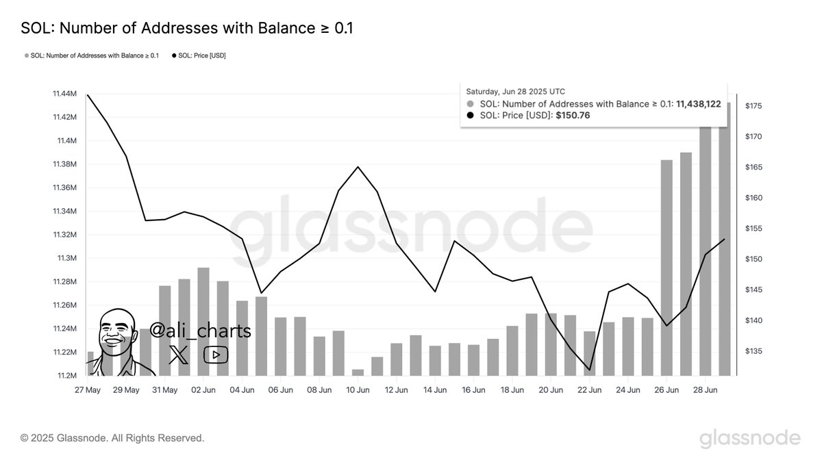 Solana Number of Addresses With Balance >= 0.1 | Source: Ali Martinez on X