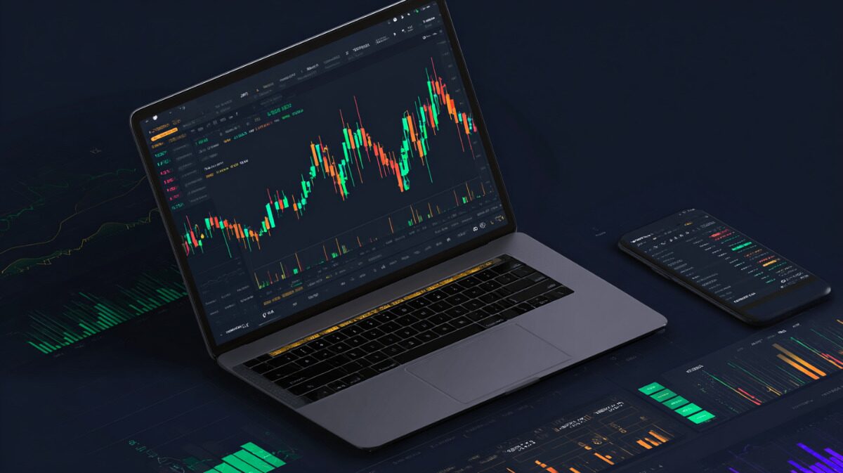 ノートパソコンとスマートフォンに表示された仮想通貨取引プラットフォームのUI画面