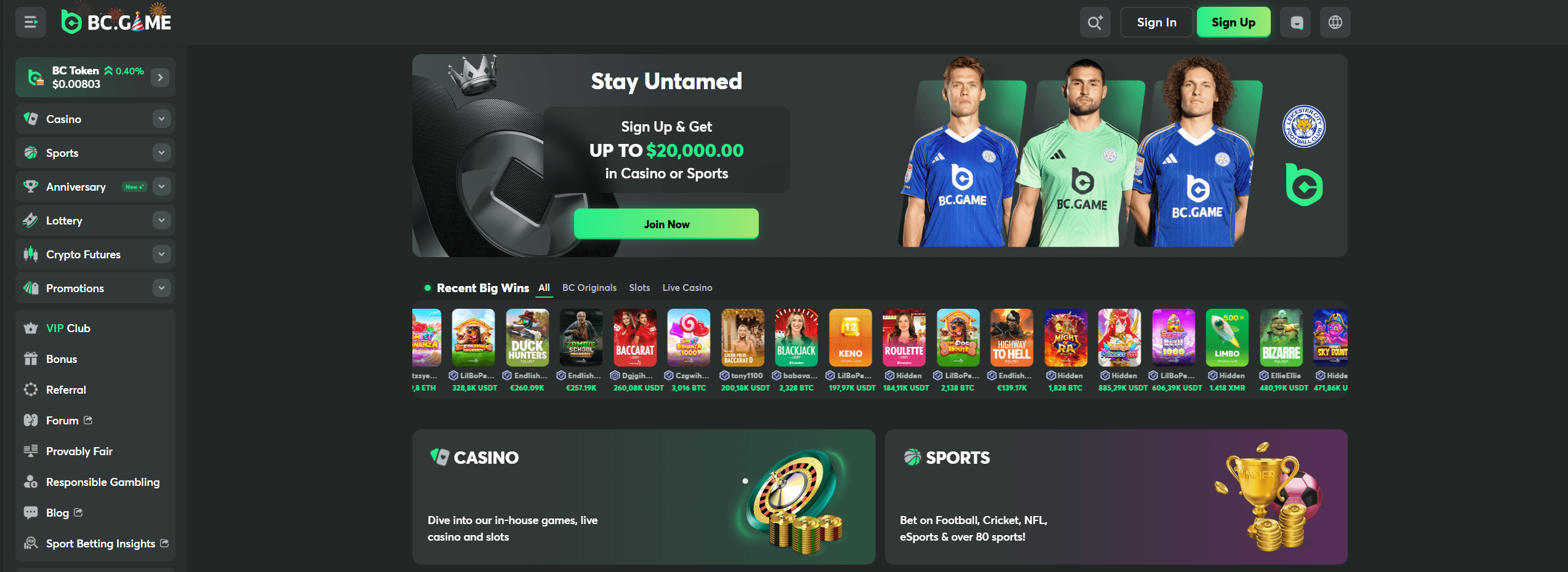 BC Game frontpage with banner displaying their welcome bonus for casino and sports