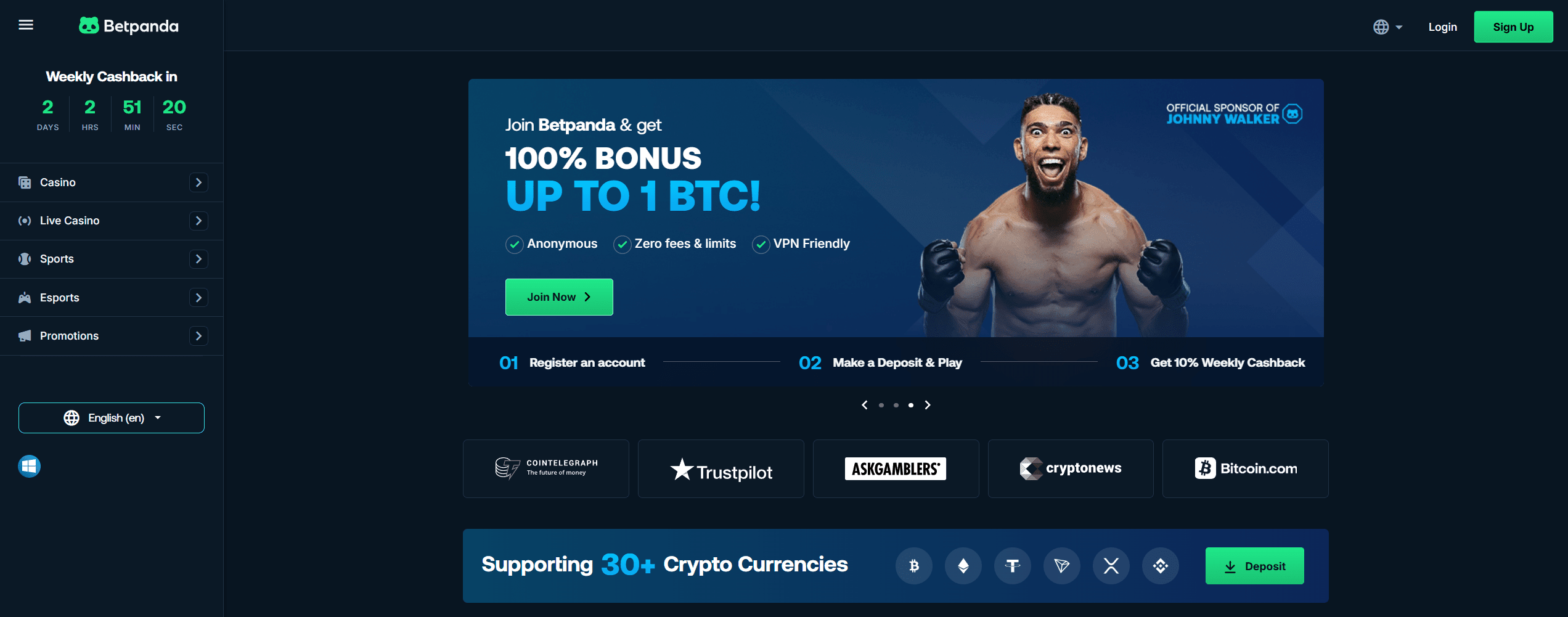 Betpanda frontpage with a welcome bonus banner presenting their 100% bonus up to 1 BTC